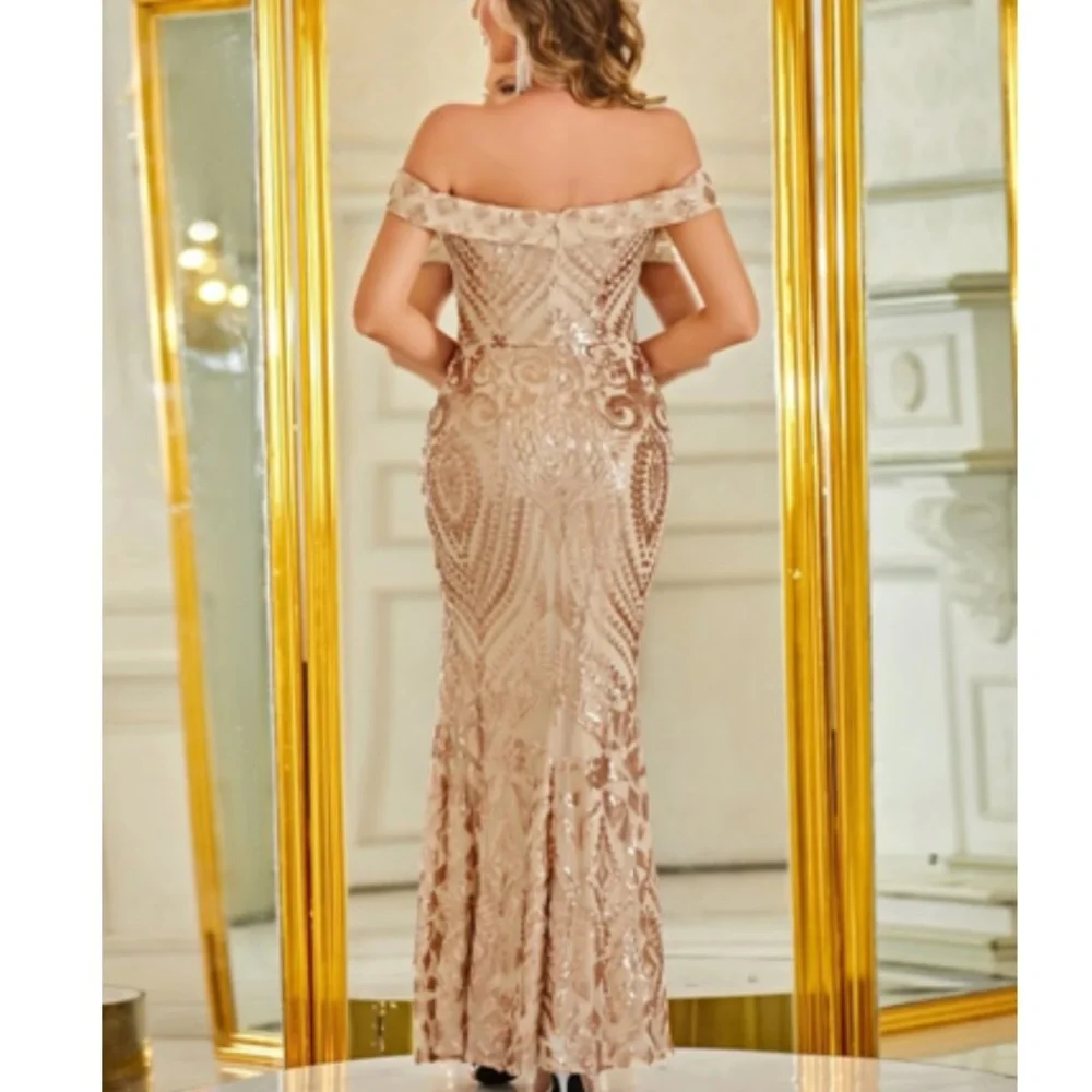 Luxe off shoulder slit thigh holidays party sequins dress - Picture 6 of 16